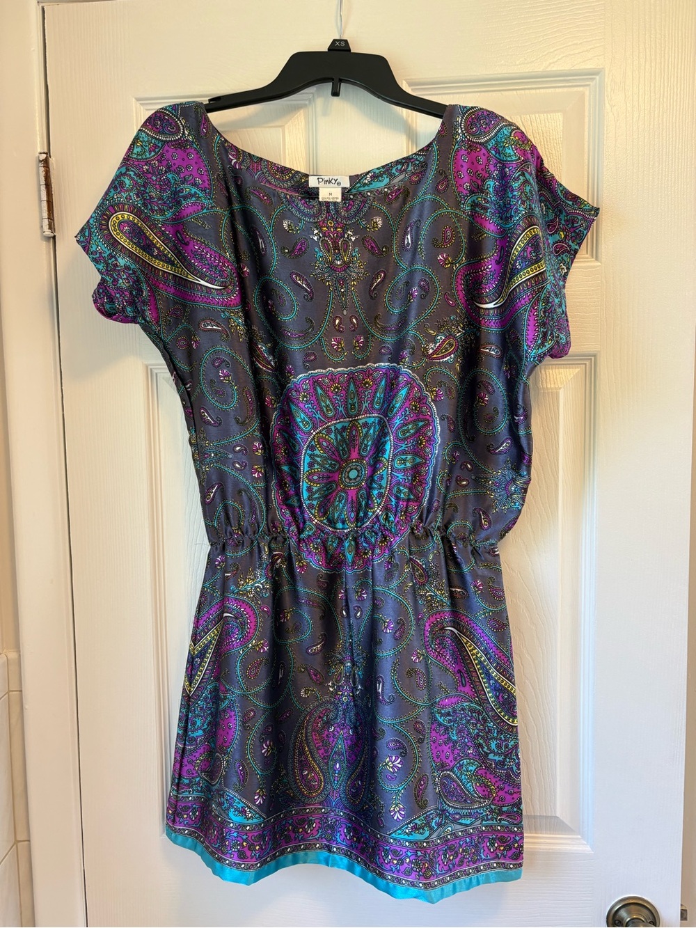 Pinky Teal and Purple Paisley Short Dress cinched waist size Medium
